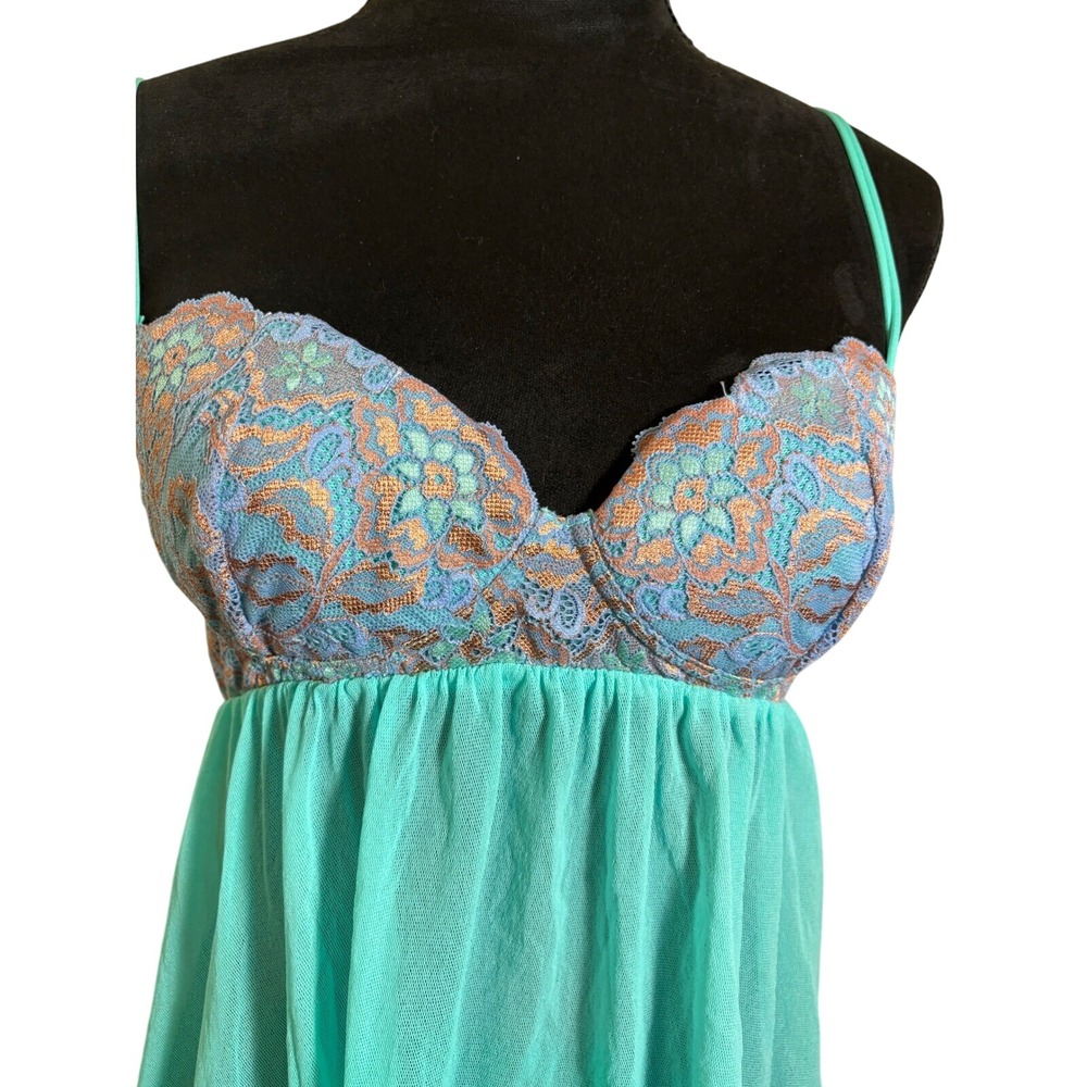 Cosabella Babydoll Lingerie Lace Trim‎ Sheer Aqua Blue Mini Dress Size M - Picture 2 of 8